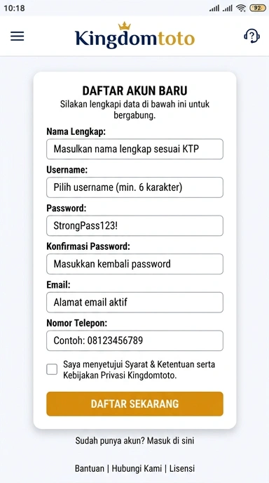 Tampilan halaman daftar kingdomtoto